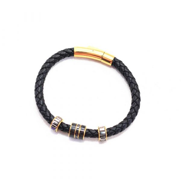 Black Leather and K Gold Trinity Bracelet - Image 3