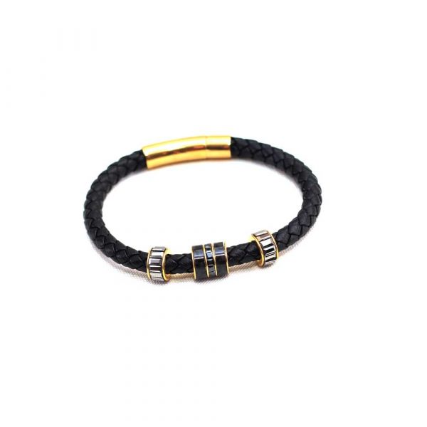 Black Leather and K Gold Trinity Bracelet - Image 2