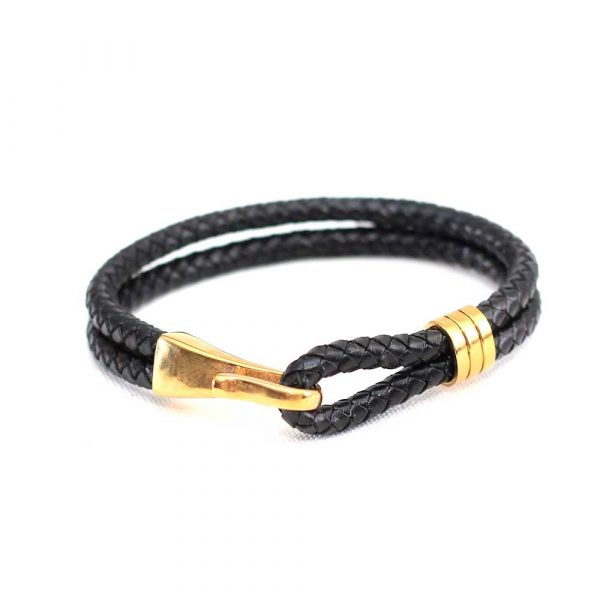 Black Braid Leather Strap Bracelet With Gold - Image 2