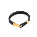 Black Braid Leather Strap Bracelet With Gold