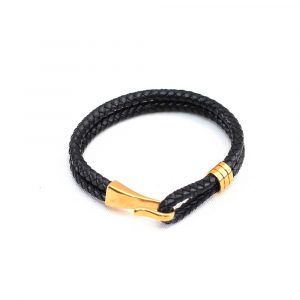 Black Braid Leather Strap Bracelet With Gold