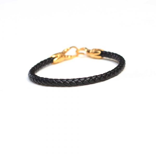 Mens Black Leather and Gold Link Bracelet - Image 3