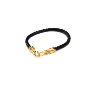 Mens Black Leather and Gold Link Bracelet