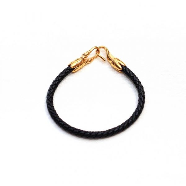Mens Black Leather and Gold Link Bracelet - Image 2