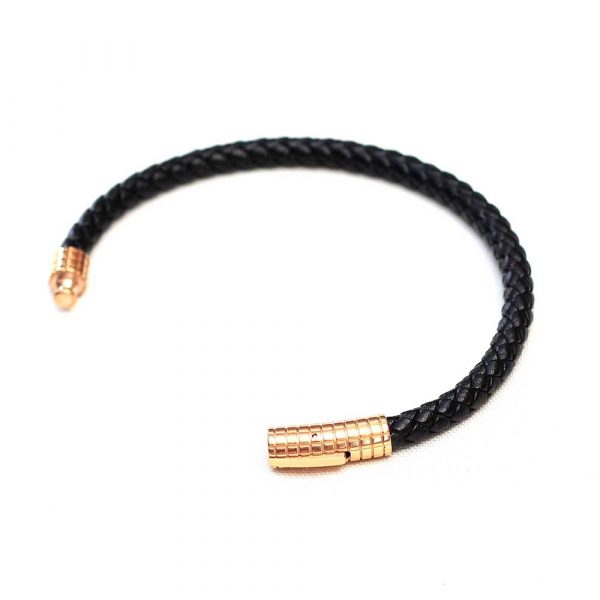 Black Leather and Rose Gold Trinity Bracelet - Image 2
